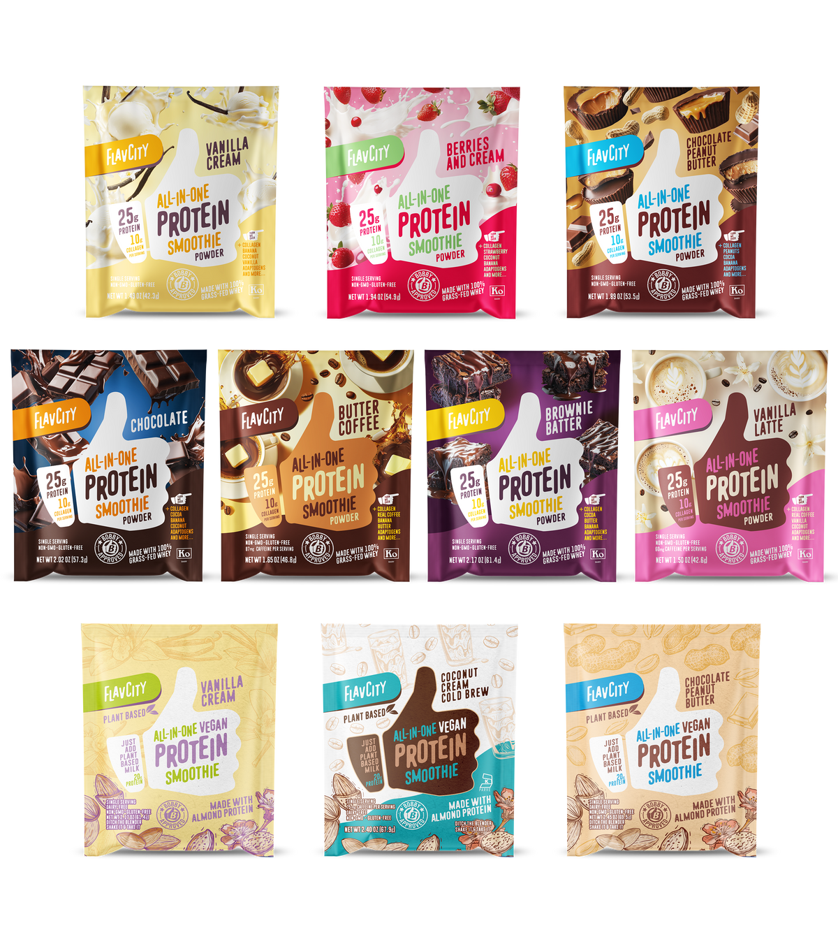 Collection of FlavCity protein smoothie powder packets featuring various flavors including Vanilla Cream, Berries and Cream, Chocolate Peanut Butter, Chocolate, Butter Coffee, Brownie Batter, and Vanilla Latte. Regular and plant-based vegan options shown with colorful packaging designs. Each packet contains 25g protein and all-in-one smoothie formula