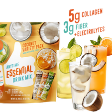 A Coconut Anytime Essential Variety Pack from Shop FlavCity is shown beside three glasses of iced drinks with fruit and coconut. Text highlights “5g collagen, 3g fiber + electrolytes” for a refreshing collagen drink experience.