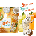 A Coconut Anytime Essential Variety Pack from Shop FlavCity is shown beside three glasses of iced drinks with fruit and coconut. Text highlights “5g collagen, 3g fiber + electrolytes” for a refreshing collagen drink experience.