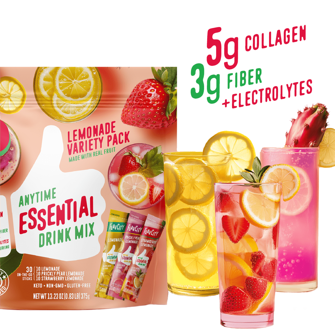 A package of Shop FlavCity’s Lemonade Anytime Essential Variety Pack appears with three vibrant fruit drinks garnished with lemon, berries, and cactus leaf. Text highlights 5g collagen lemonade, 3g fiber for gut health, and added electrolytes for hydration.