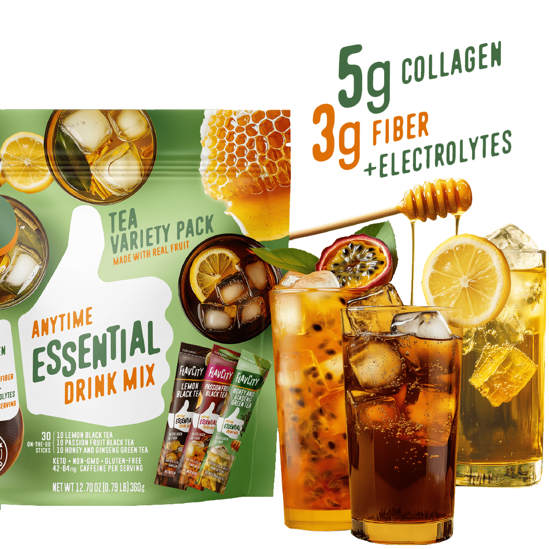 The Tea Anytime Essential Variety Pack by Shop FlavCity is shown with 3 glasses of iced electrolyte tea with garnishes. Highlights: 5g collagen, 3g fiber, electrolytes. A honey dipper drizzles honey over one glass.