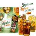 The Tea Anytime Essential Variety Pack by Shop FlavCity is shown with 3 glasses of iced electrolyte tea with garnishes. Highlights: 5g collagen, 3g fiber, electrolytes. A honey dipper drizzles honey over one glass.