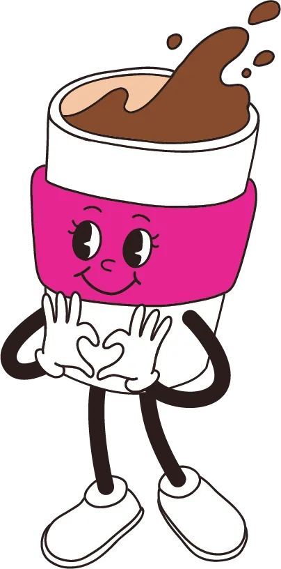 Cartoon coffee cup with a pink sleeve, smiling, with coffee splashing out the top. The cup has arms, legs, and is making a heart shape with its gloved hands.