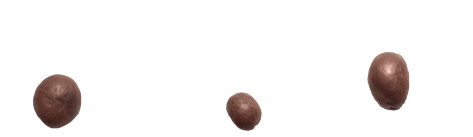 Three round chocolate balls of varying sizes are spaced apart on a plain white background.