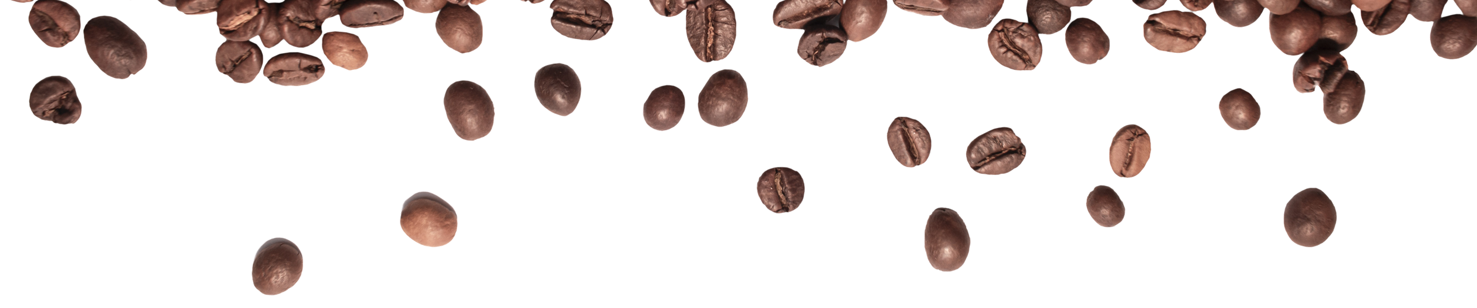 Scattered coffee beans are falling and floating against a plain white background, creating a sense of motion and randomness across the image.