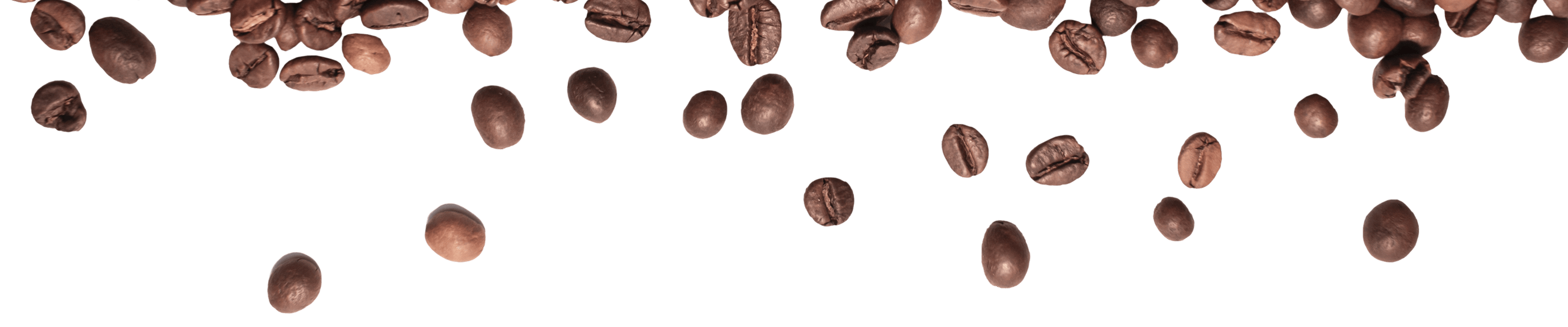 Scattered brown coffee beans are arranged in a loose pattern on a white background, with most beans appearing near the top and some falling downwards.
