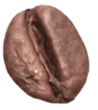Close-up image of a single brown coffee bean on a white background, showing its textured surface and central groove.