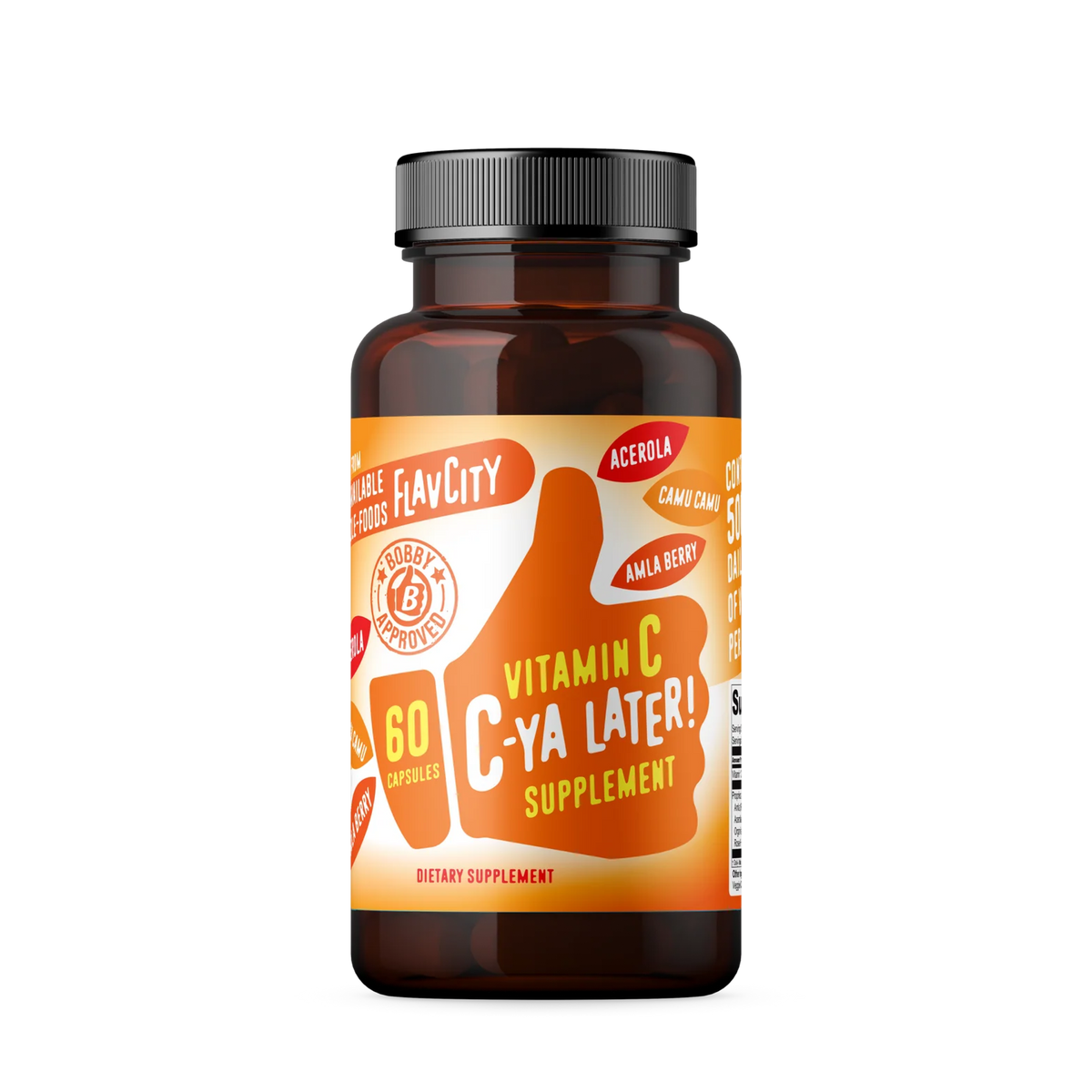 A bottle of 'C-Ya Later Vitamin C' supplement, with a bright orange label emphasizing immune support and antioxidant benefits.