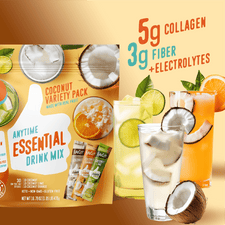 Coconut-based anytime essentials drink mix packages with flavor descriptions on a white background