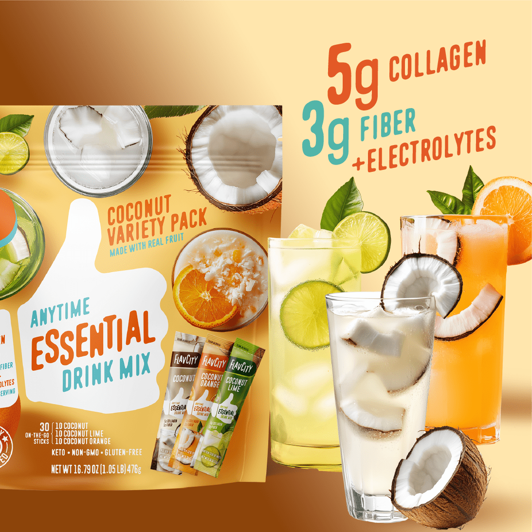 Coconut-based anytime essentials drink mix packages with flavor descriptions on a white background