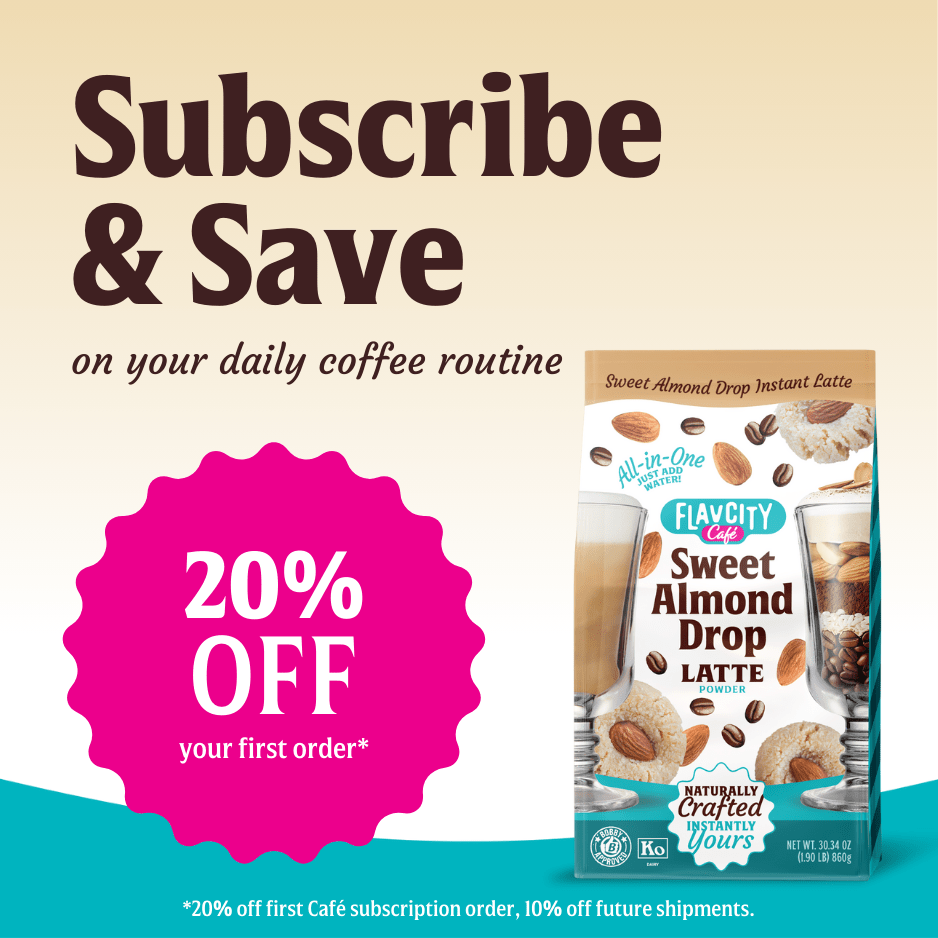 A promo graphic for FlavCity Cafe’s Sweet Almond Drop Latte highlights 20% off your first subscription order, featuring a product image with grass-fed whole milk and bold savings details.