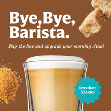 A glass of layered coffee with foam sits before a brown background, coffee crystals, and sugar cubes. Text reads: Skip the line—try FlavCity Cafe’s Brown Sugar Latte and upgrade your ritual for less than $3 a cup.