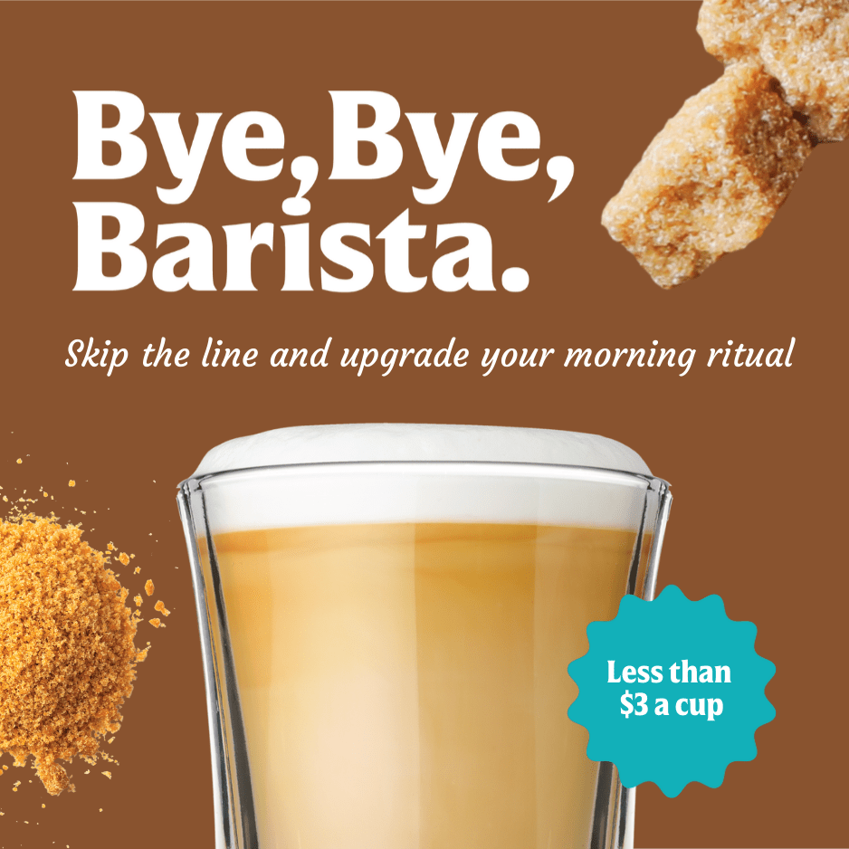 A glass of layered coffee with foam sits before a brown background, coffee crystals, and sugar cubes. Text reads: Skip the line—try FlavCity Cafe’s Brown Sugar Latte and upgrade your ritual for less than $3 a cup.