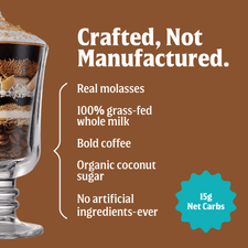 Enjoy a layered dessert in a glass featuring FlavCity Cafe Brown Sugar Latte—crafted, not manufactured, with grass-fed whole milk, bold coffee, real molasses, organic coconut sugar, no artificial ingredients, and just 15g net carbs.