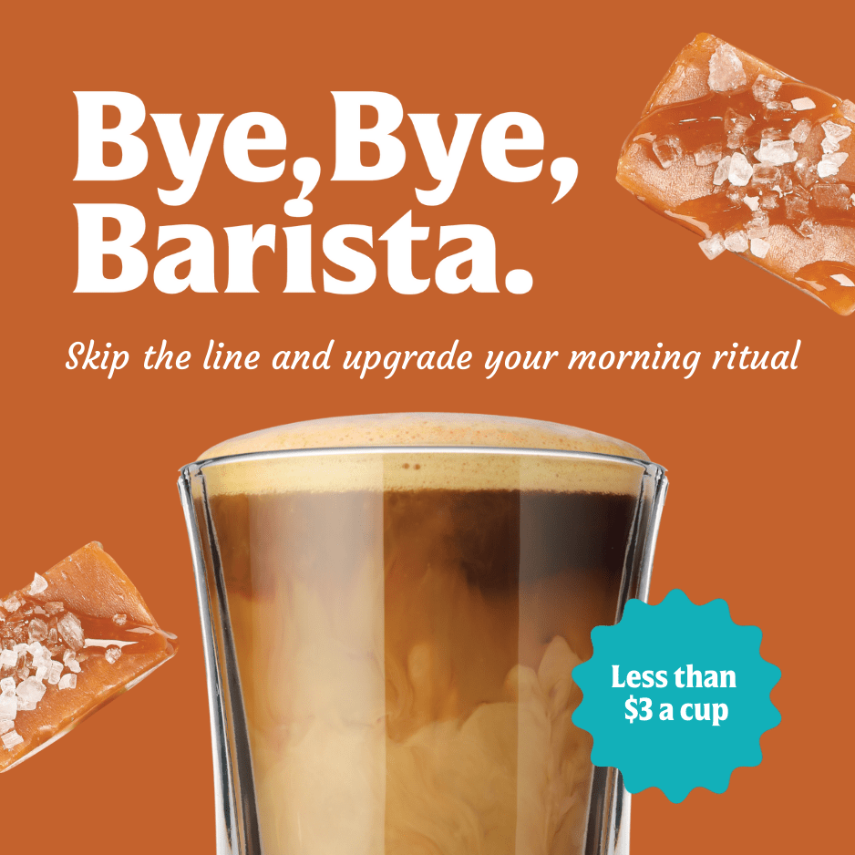 Enjoy FlavCity Cafe Salted Caramel Macchiato: iced, with caramel swirls and sea salt pieces. Skip the line—get instant macchiato for less than $3 a cup. "Bye, Bye, Barista" text on a bold orange background.