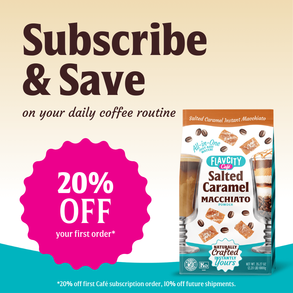 Get 20% OFF your first order and save on your daily Salted Caramel Macchiato with Subscribe & Save! Enjoy FlavCity Cafe's grass-fed whole milk formula.