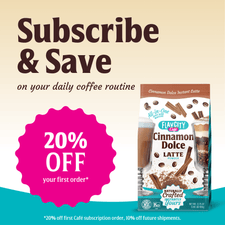 Promotional image for FlavCity Cafe Cinnamon Dolce Latte, featuring “Subscribe & Save on your daily coffee routine.” A pink badge reads “20% OFF your first order.” Made with grass-fed whole milk for a creamy instant boost.