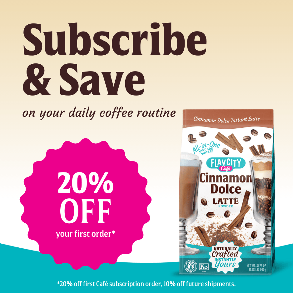 Promotional image for FlavCity Cafe Cinnamon Dolce Latte, featuring “Subscribe & Save on your daily coffee routine.” A pink badge reads “20% OFF your first order.” Made with grass-fed whole milk for a creamy instant boost.
