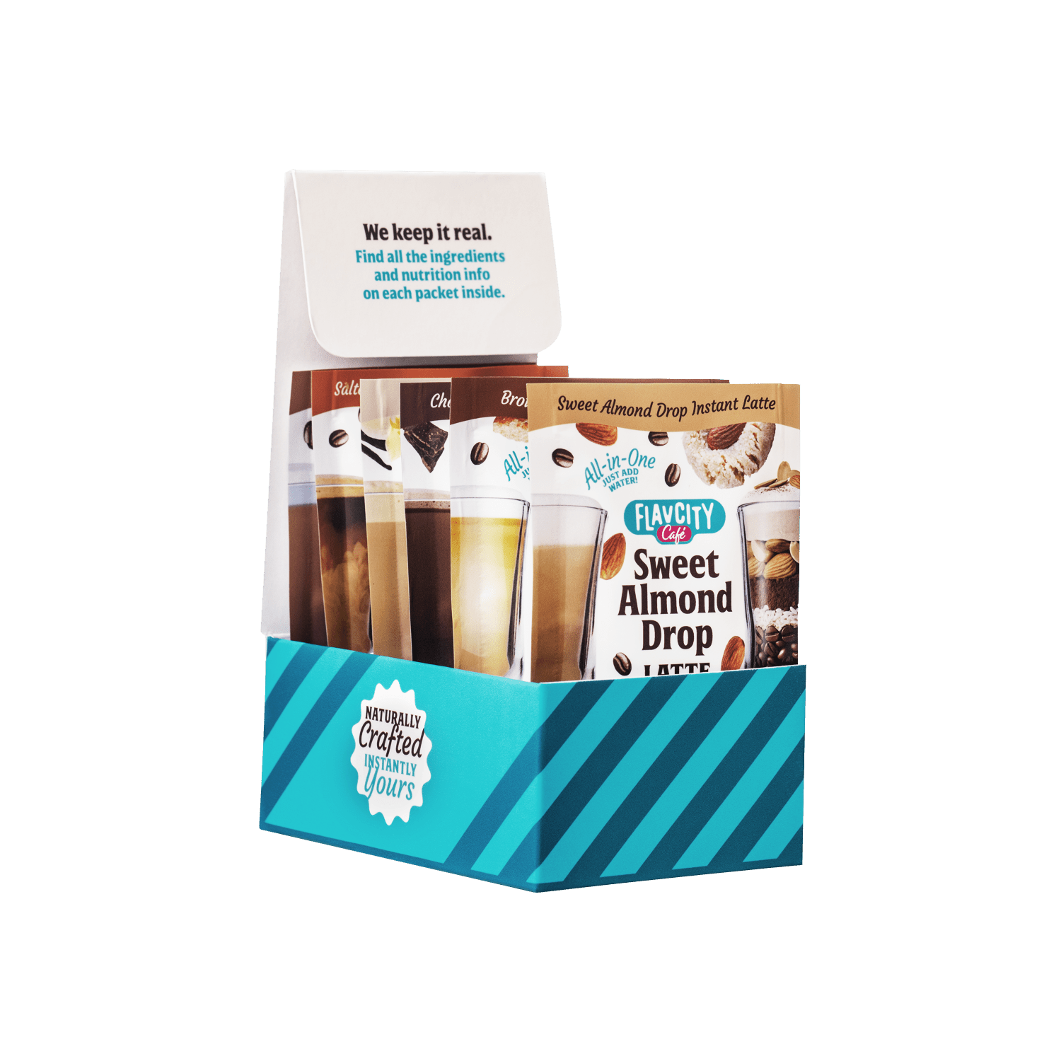 A blue and white striped box labeled FlavCity Cafe Latte Variety Pack holds single-serve latte packets like Sweet Almond Drop. The open lid displays a message with key ingredients and nutrition info.