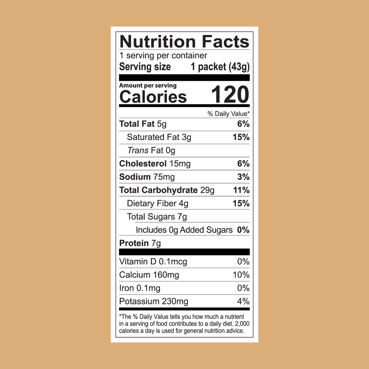 Nutrition facts label for FlavCity Cafe Latte Variety Pack—single-serve packets with 120 calories, 5g fat, 0mg cholesterol, 29g carbs, 7g sugars, 7g protein, plus essential vitamins and minerals per 43g packet.