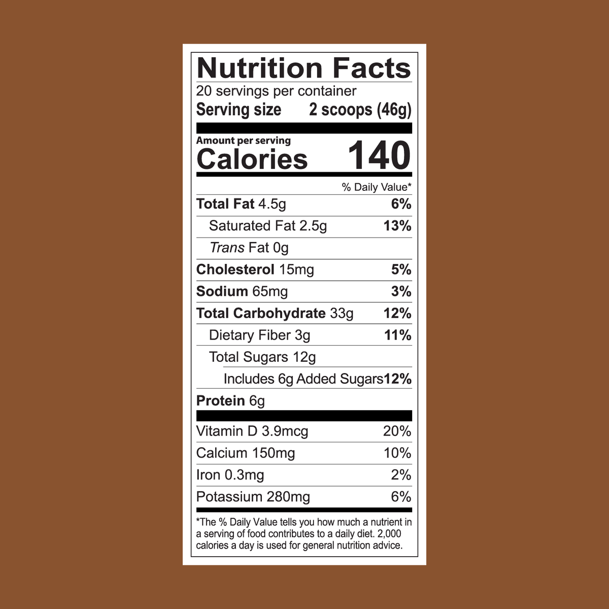 FlavCity Cafe Brown Sugar Latte nutrition label: serving size 2 scoops (46g), 140 calories, fat, cholesterol, sodium, carbohydrates, organic coconut sugar, protein, vitamins, calcium, iron & potassium per serving.