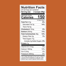 The FlavCity Cafe Salted Caramel Macchiato Nutrition Facts label on a brown background shows 150 calories per 2-scoop (50g) serving with grass-fed whole milk and details on fat, protein, real coffee, calcium, iron, and more.