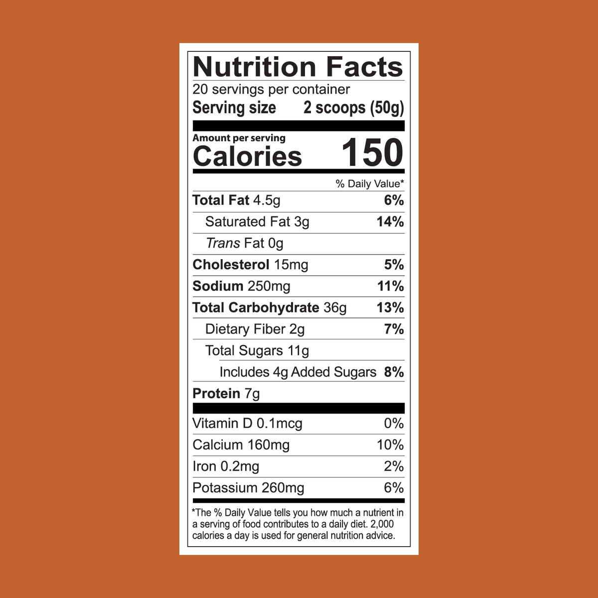 The FlavCity Cafe Salted Caramel Macchiato Nutrition Facts label on a brown background shows 150 calories per 2-scoop (50g) serving with grass-fed whole milk and details on fat, protein, real coffee, calcium, iron, and more.