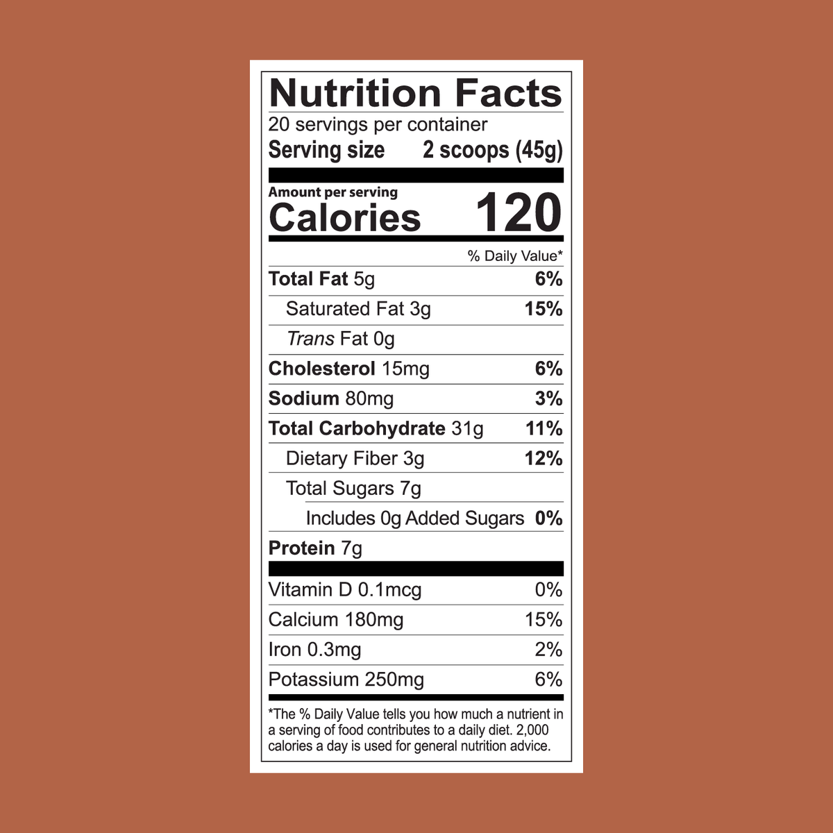 FlavCity Cafe Cinnamon Dolce Latte nutrition (per 2-scoop/45g serving, 20 servings per container): 120 calories, 5g fat, 13g carbs, and 7g protein—perfect for enjoying with grass-fed whole milk.