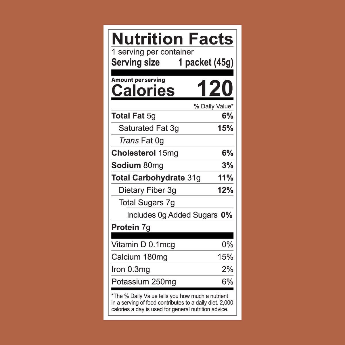 A nutrition label on a brown background highlights 1 serving per container from the FlavCity Cafe Latte Variety Pack—ideal for indulgent lattes—with 120 calories, 5g fat, 15g carbs, 7g protein, plus sodium, fiber, sugars, and vitamins.