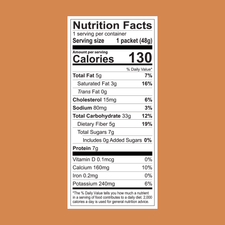 Nutrition facts for a FlavCity Cafe Latte Variety Pack single-serve packet: 48g, 130 calories, 5g fat, 80mg sodium, 19g carbs (5g fiber, 7g sugars), and 7g protein—ideal for your indulgent lattes.