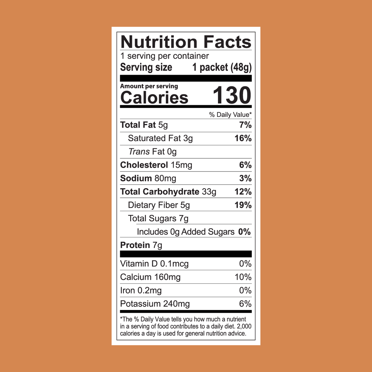 Nutrition facts for a FlavCity Cafe Latte Variety Pack single-serve packet: 48g, 130 calories, 5g fat, 80mg sodium, 19g carbs (5g fiber, 7g sugars), and 7g protein—ideal for your indulgent lattes.