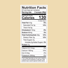 FlavCity Cafe Vanilla Latte nutrition label: 130 calories per 2 scoops (46g) with fat, protein, real coffee, and key vitamins. Made with grass-fed whole milk. Each container has 20 servings.