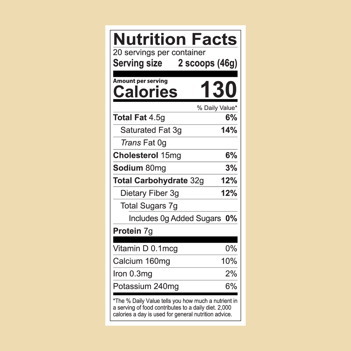 FlavCity Cafe Vanilla Latte nutrition label: 130 calories per 2 scoops (46g) with fat, protein, real coffee, and key vitamins. Made with grass-fed whole milk. Each container has 20 servings.