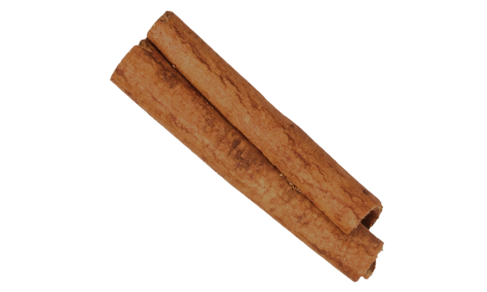 Two brown cinnamon sticks are placed side by side on a white background.