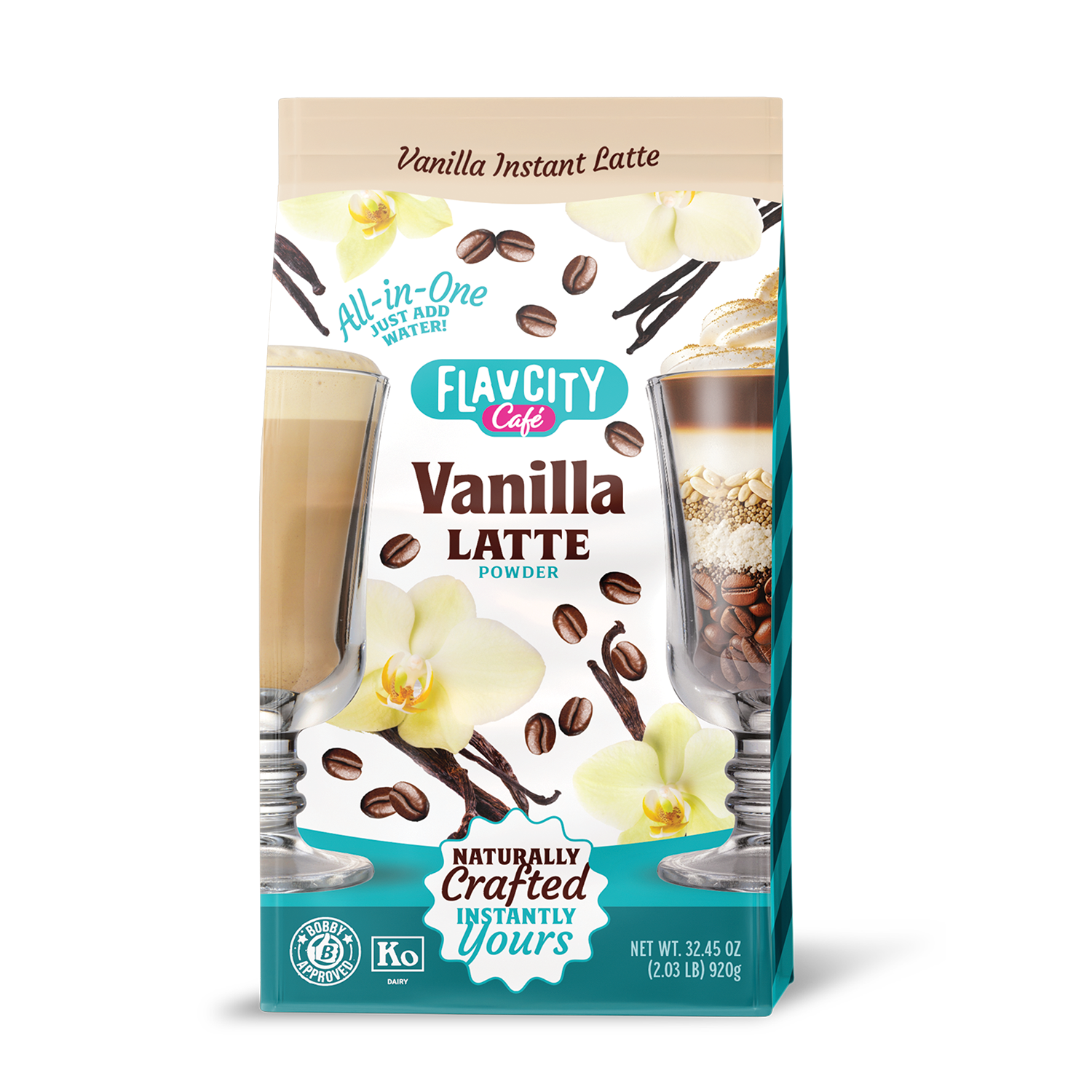 A bag of FlavCity Café Vanilla Latte Powder with images of two vanilla lattes, vanilla flowers, and coffee beans on the front. The packaging highlights All-in-One, Naturally Crafted, and a 32.45 oz net weight.