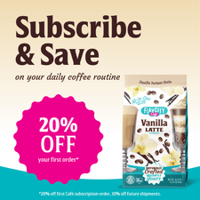 A promotional image for FlavCity Cafe Vanilla Latte, showing a pink burst with “20% OFF your first order*,” plus text: “Subscribe & Save on your daily coffee routine.” Made with real coffee; package of latte powder displayed.