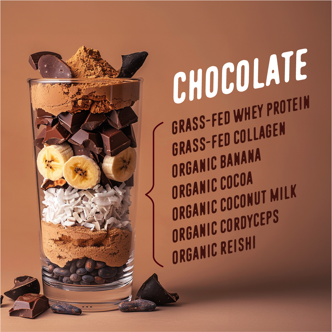 chocolate smoothie ingredients with a glass