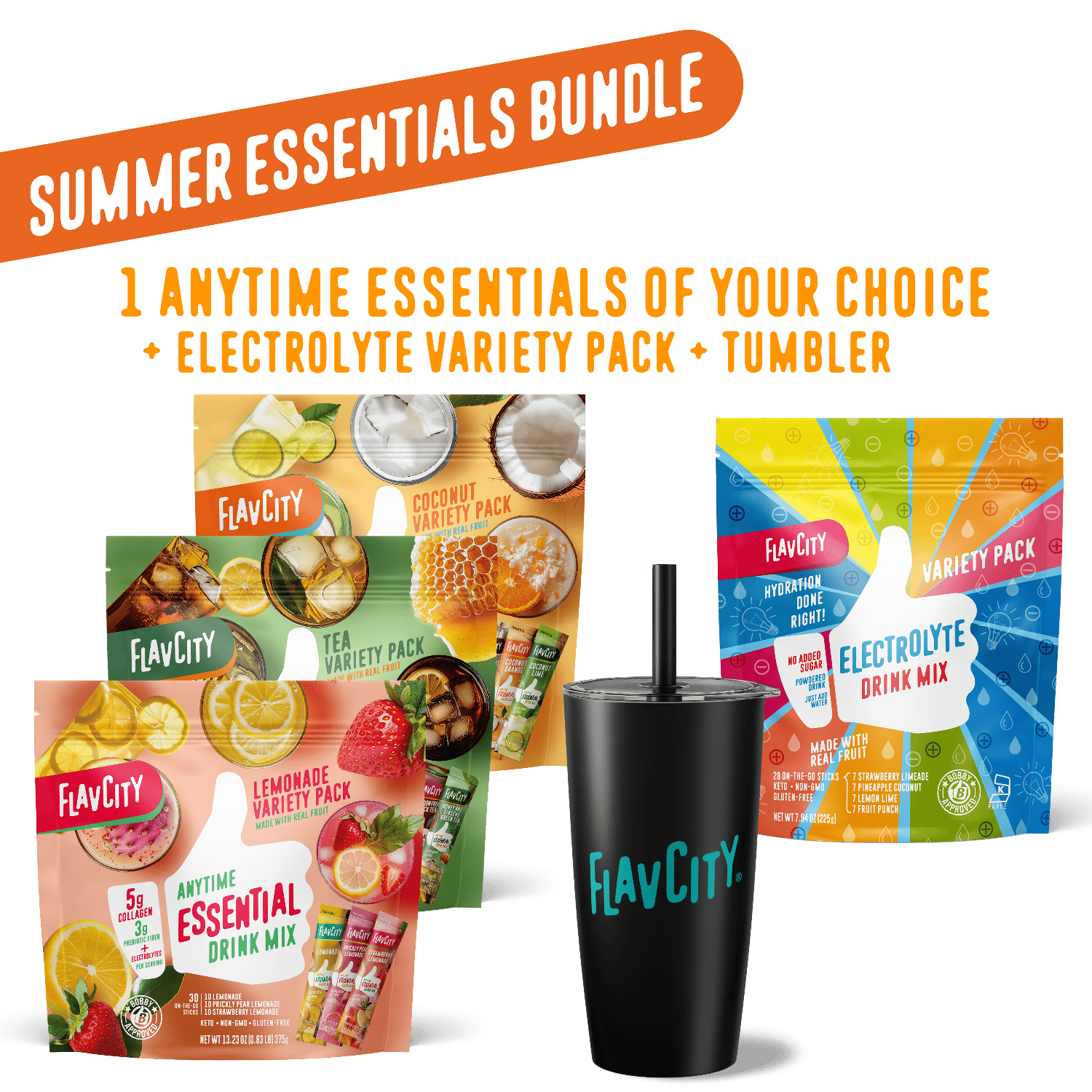 Shop FlavCity Summer Essentials Bundle: includes drink mix variety packs, collagen-infused Electrolyte Variety Pack, and a black tumbler with straw. Offer details showcased on a bold black background.