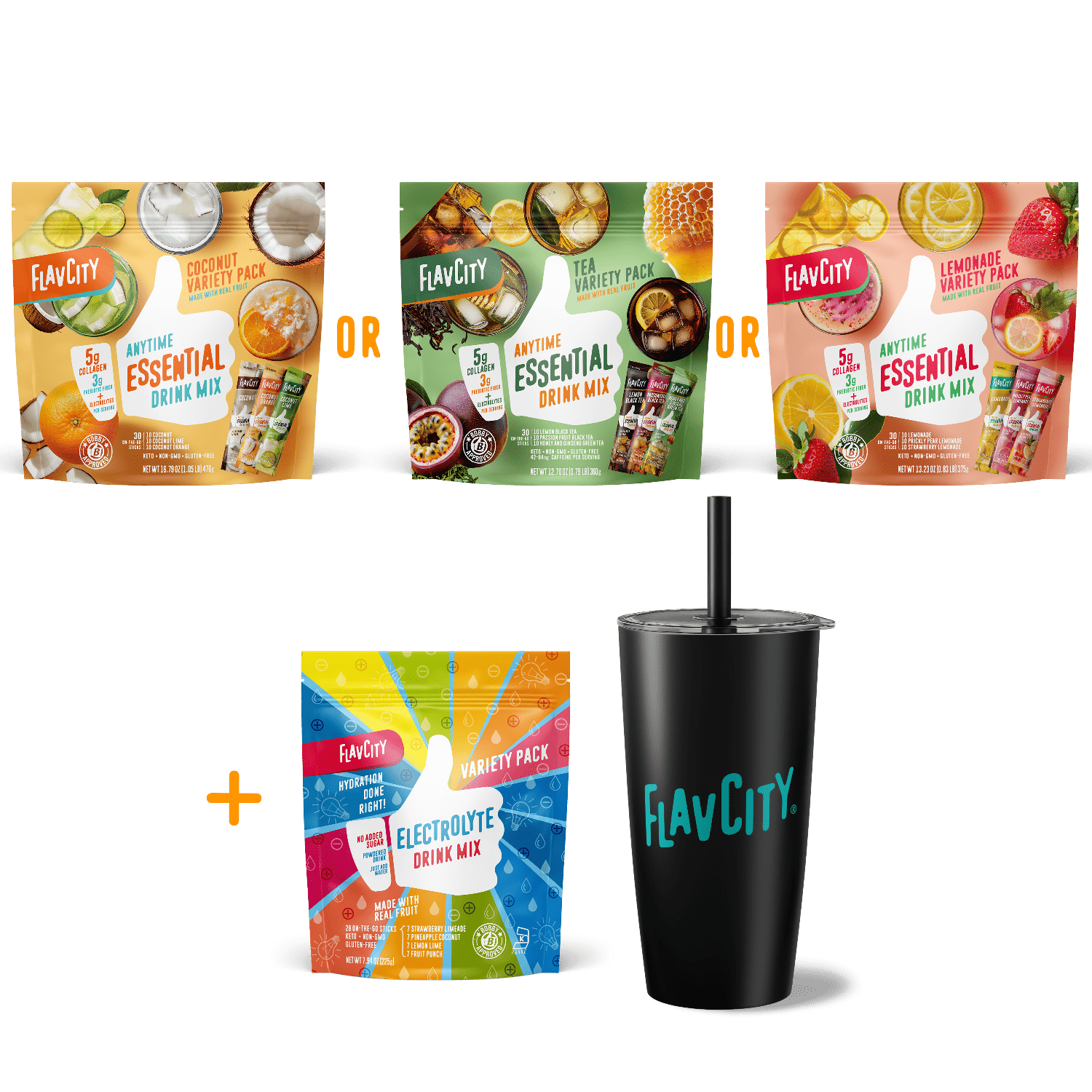 The Shop FlavCity Summer Essentials Bundle features three Anytime Essential Drink Mix packs, an Electrolyte Variety Pack, and a black tumbler with straw—ideal for staying hydrated and refreshed with collagen anywhere.