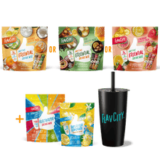 FLAV CITY drink mix packages and a black tumbler on a white background
