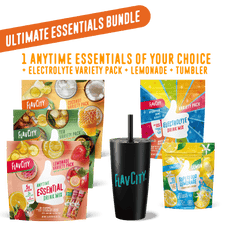 FlavCity drink mix packages and tumbler with promotional text on a white background