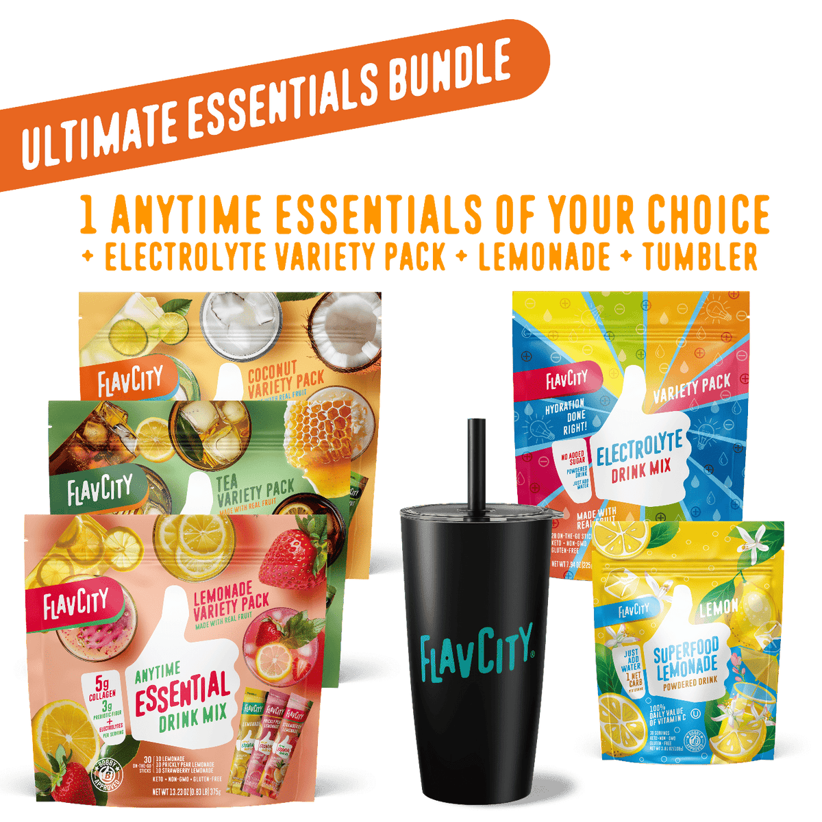 FlavCity drink mix packages and tumbler with promotional text on a white background