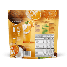 Packaging of FlavCity Anytime Essentials coconut orange drink mix with nutritional information on a white background