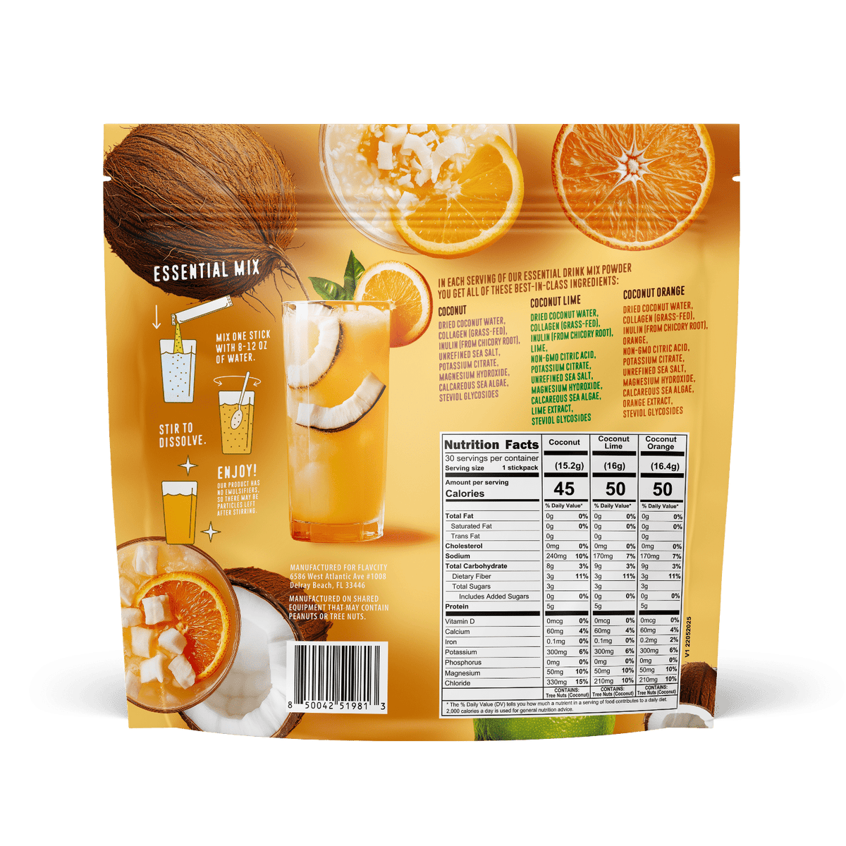 Packaging of FlavCity Anytime Essentials coconut orange drink mix with nutritional information on a white background