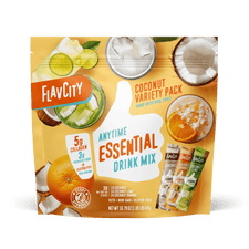 FlavCity Anytime Essentials coconut variety pack drink mix on a white background