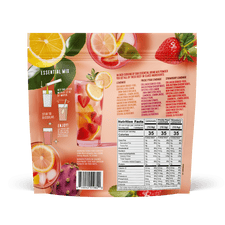 Back view of FlavCity Anytime Essentials Drink Mix Lemonade pouch showing nutrition facts, ingredients list, preparation instructions, and product branding on a bright yellow background.