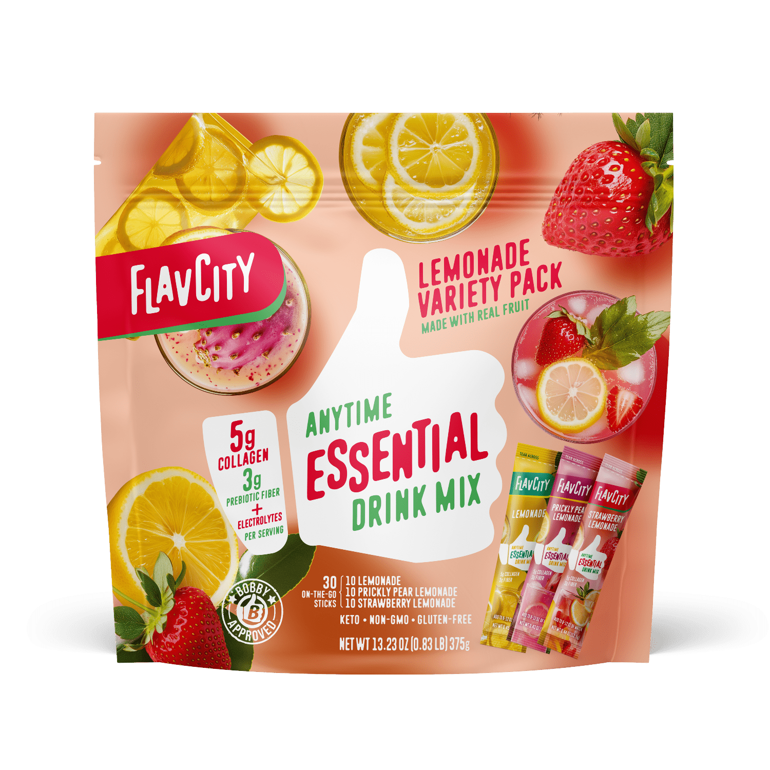 Front view of FlavCity Anytime Essentials Drink Mix Lemonade pouch featuring bold branding, the Lemonade flavor name, and vibrant yellow fruit graphics on a bright, eye-catching background.
