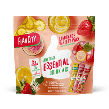 Front view of FlavCity Anytime Essentials Drink Mix Lemonade pouch featuring bold branding, the Lemonade flavor name, and vibrant yellow fruit graphics on a bright, eye-catching background.