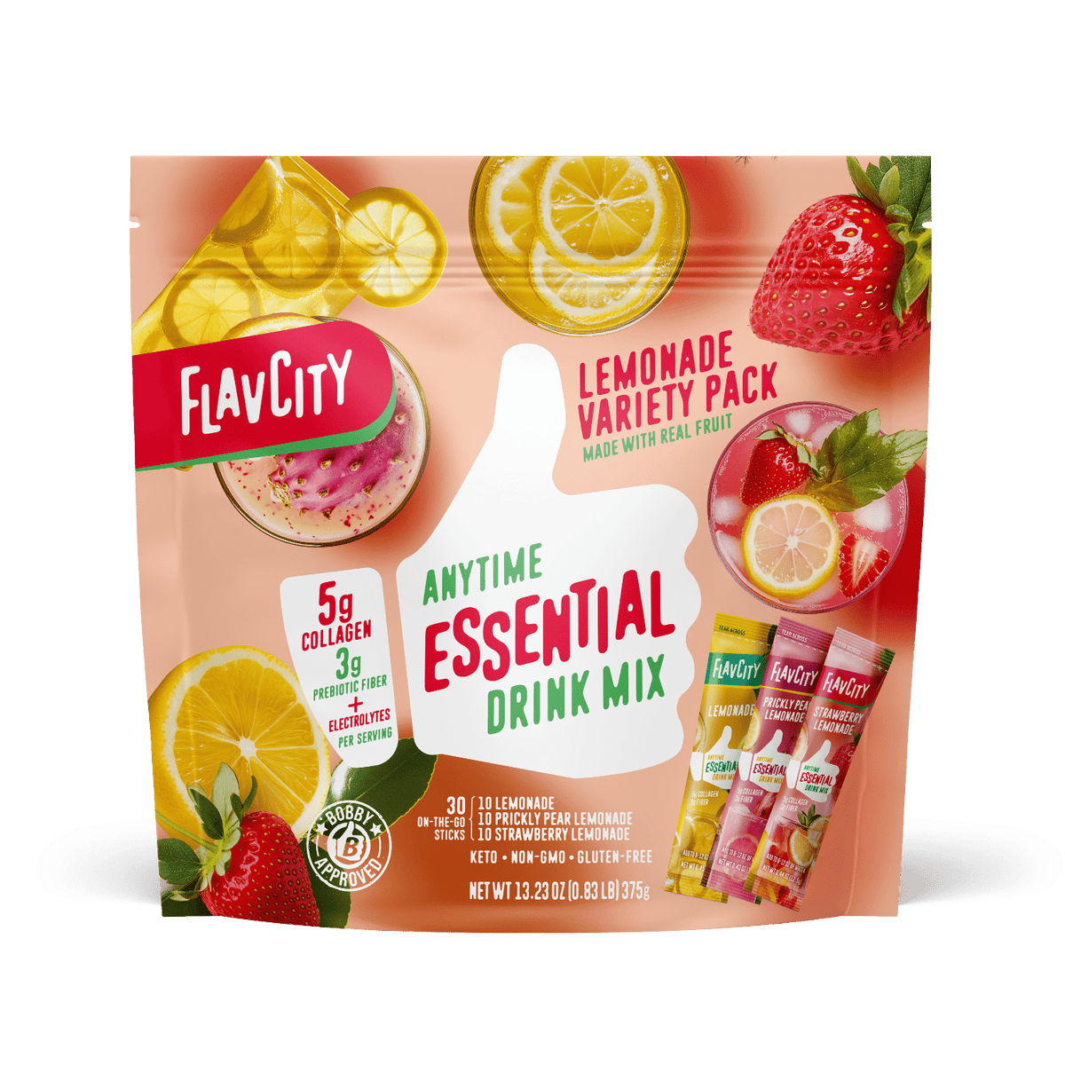 Front view of FlavCity Anytime Essentials Drink Mix Lemonade pouch featuring bold branding, the Lemonade flavor name, and vibrant yellow fruit graphics on a bright, eye-catching background.