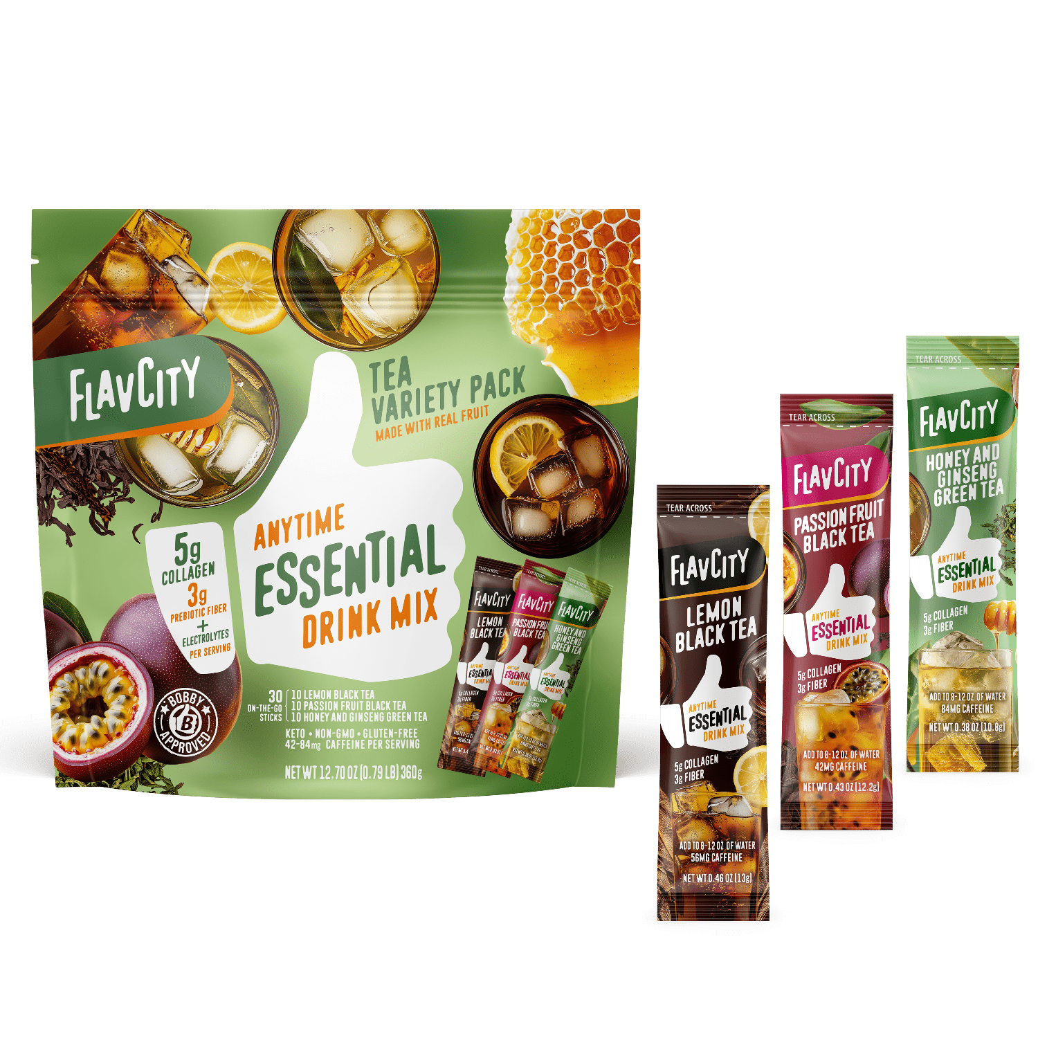 The Hydration Essentials Bundle from Shop FlavCity offers four delicious tea flavors in single-serve sticks—perfect for hydrating on the go with added collagen and electrolytes.